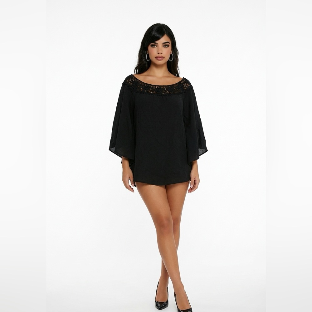 Sami & Jo Black Lace Trim Cape Sleeve Flowy Blouse - Size Large